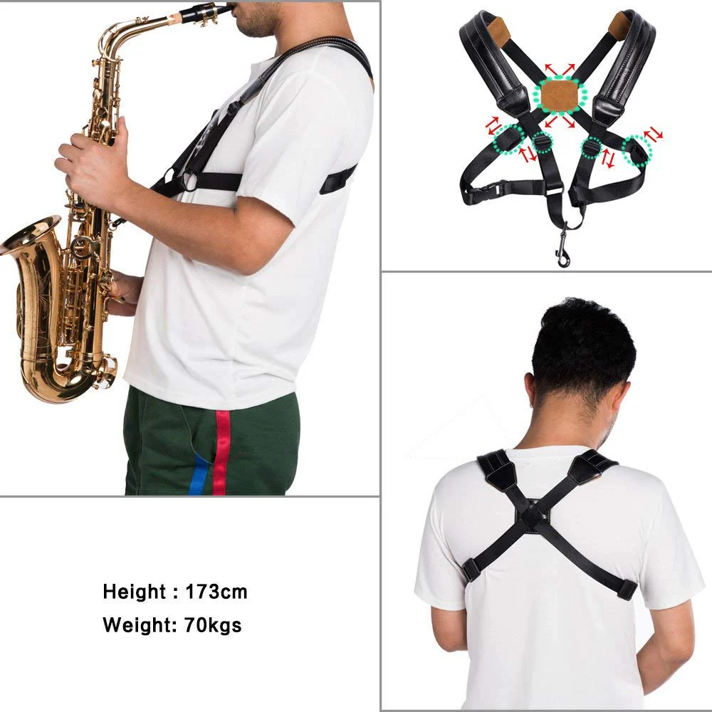 Saxophone Strap, Universal Double Shoulder Leather Strap for Sax, Adjustable Padded Harness Strap for Alto Tenor Soprano Baritone Saxophone (Large Size) Taille Grande - Image 5
