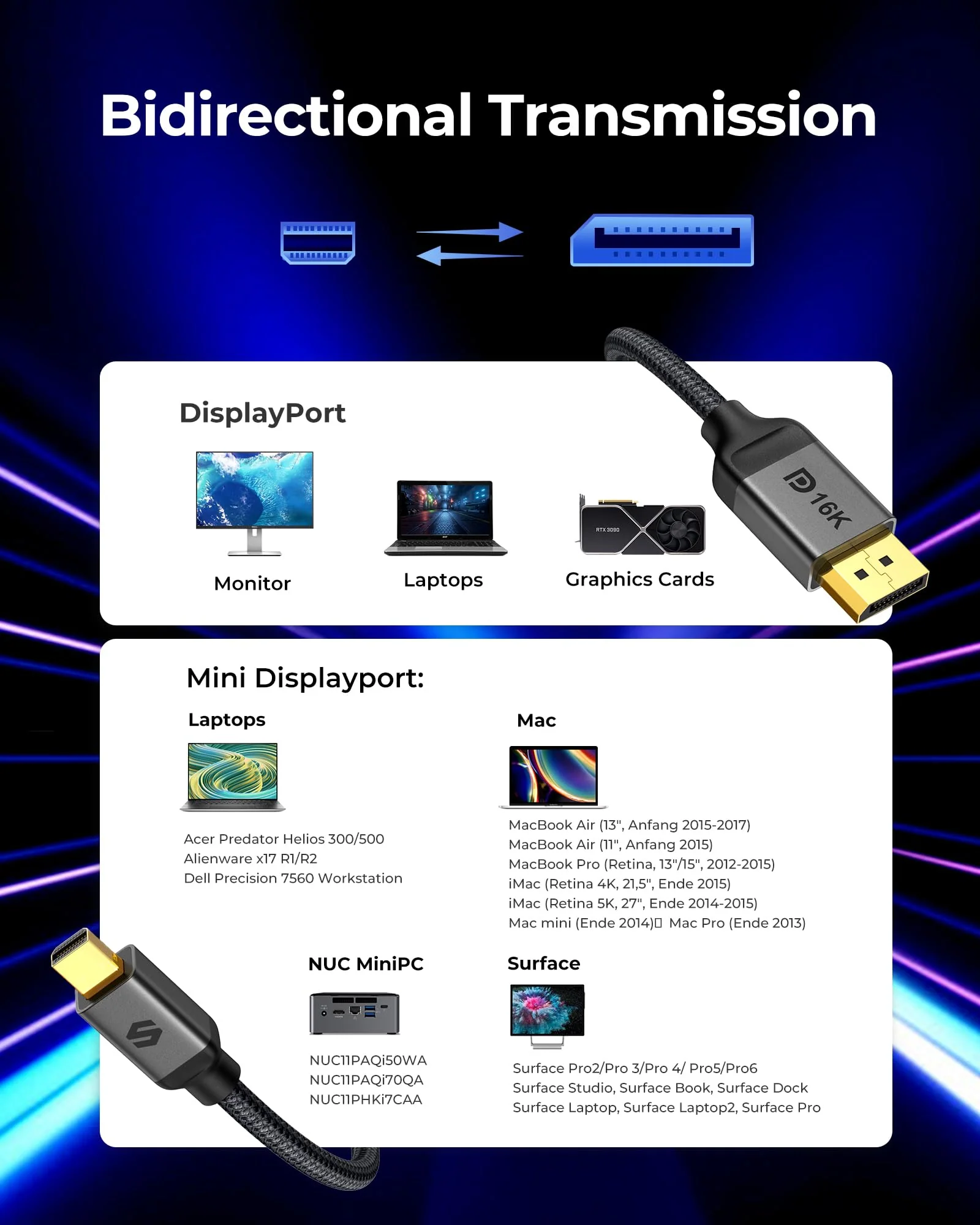 Silkland 16K Mini DisplayPort to DisplayPort 2.1 Cable, [16K@60Hz, 8K@120Hz, 4K@240Hz] 80Gbps Bi-Directional, HDR, G-Sync, Mini DP [Thunderbolt 2] for Gaming Laptop, MacBook, Monitor,6.6FT 6.6FT - Image 6