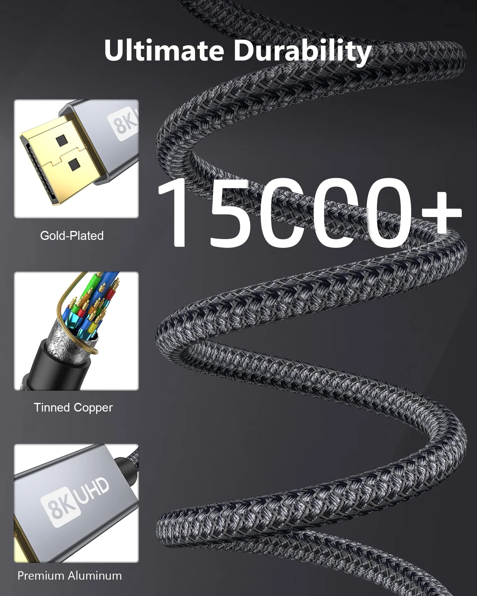 Silkland 8K Mini DisplayPort to DisplayPort 1.4 Cable, [8K@60Hz, 4K@144Hz, 2K@240Hz] 32.4Gbps Bi-Directional, HDR, G-Sync, Mini DP [Thunderbolt 2 Compatible] for Gaming Laptop, MacBook, Monitor,6.6FT 6.6 Feet Dark Grey - Image 7