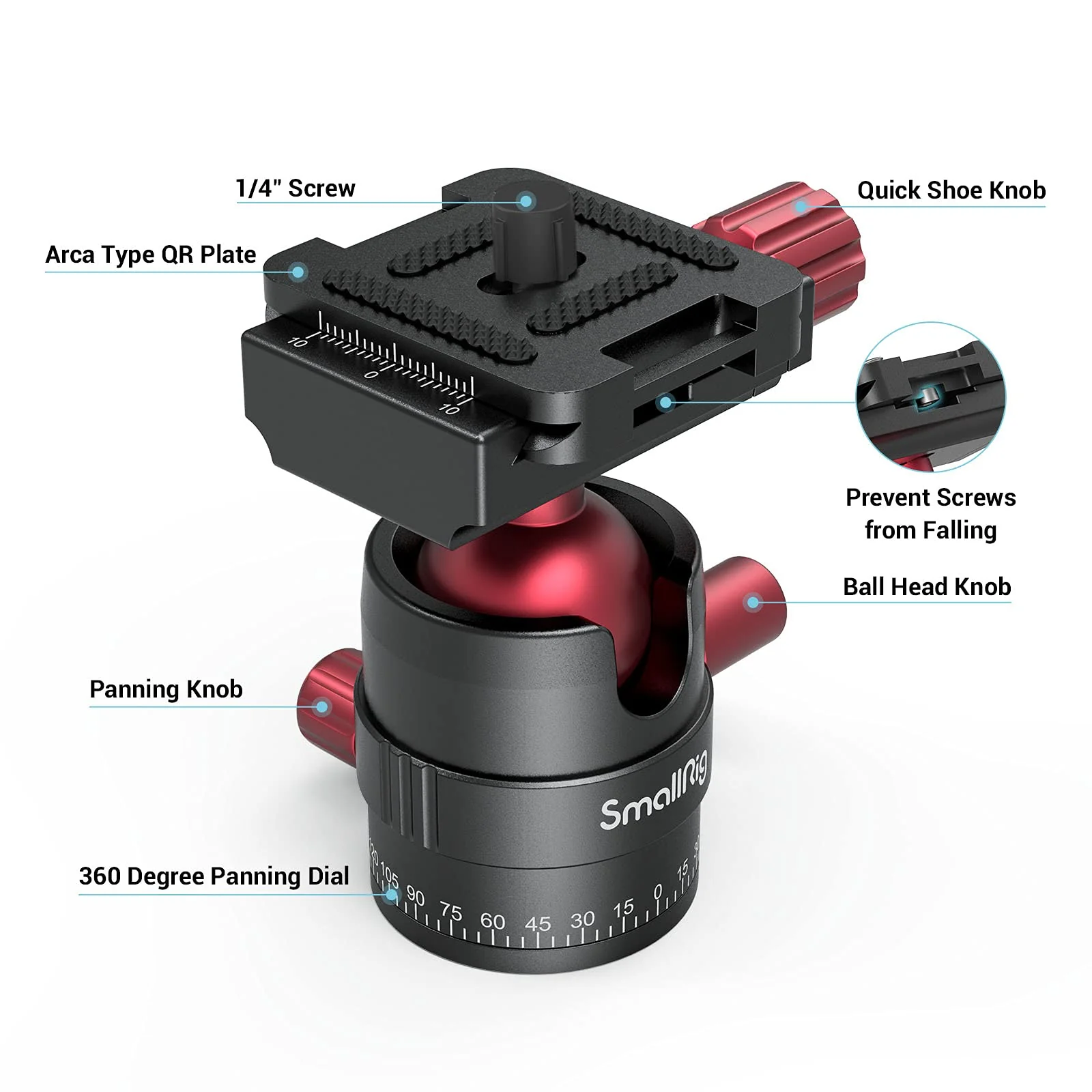 SmallRig Tripod Ball Head 360 Degree Rotating Panoramic Ballhead with 1/4 inch Quick Shoe Plate, Max Load up to 5 kg/ 11lb, for Tripod Monopod Slider DSLR Camera Camcorder - 3034 - Image 3