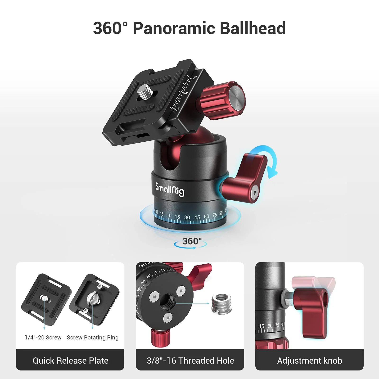 SmallRig Tripod Ball Head 360 Degree Rotating Panoramic Ballhead with 1/4 inch Quick Shoe Plate, Max Load up to 5 kg/ 11lb, for Tripod Monopod Slider DSLR Camera Camcorder - 3034 - Image 4