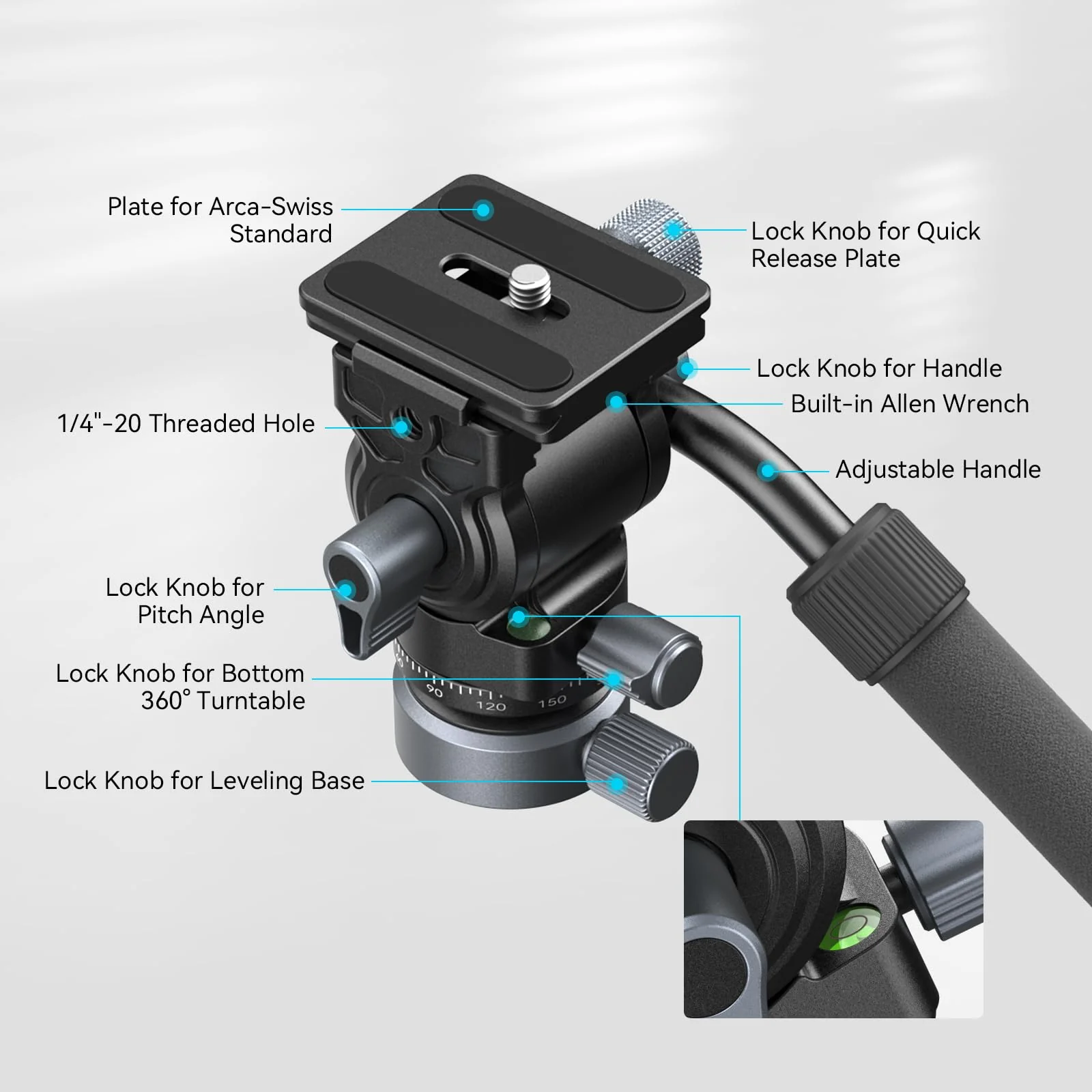 SmallRig Video Head with Leveling Base, Quick Release Plate for Arca Swiss and Adjustable Handle, Tripod Pan Tilt Head Fluid Head for Compact Cameras DSLR Cameras, Load up to 8.8lb/4kg - Image 3