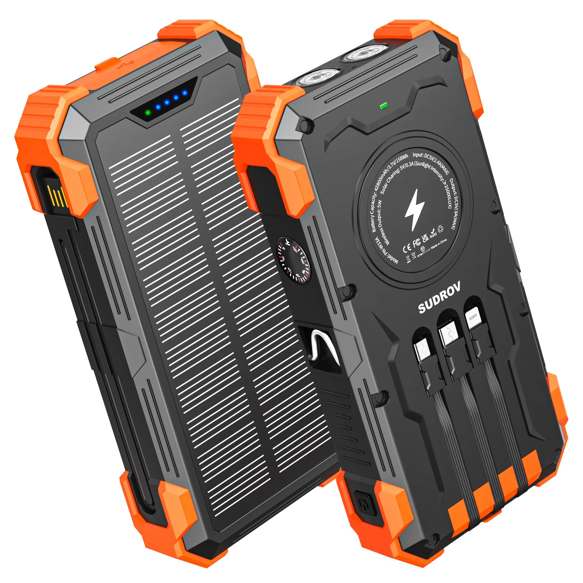 Solar Charger Power Bank, 42800mAh Wireless Portable Charger with USB-C in/Output, QC3.0 Fast Charging 15W 4 Ports Outdoor Battery Pack Built-in Dual Led Flashlights for iPhone Samsung etc Orange