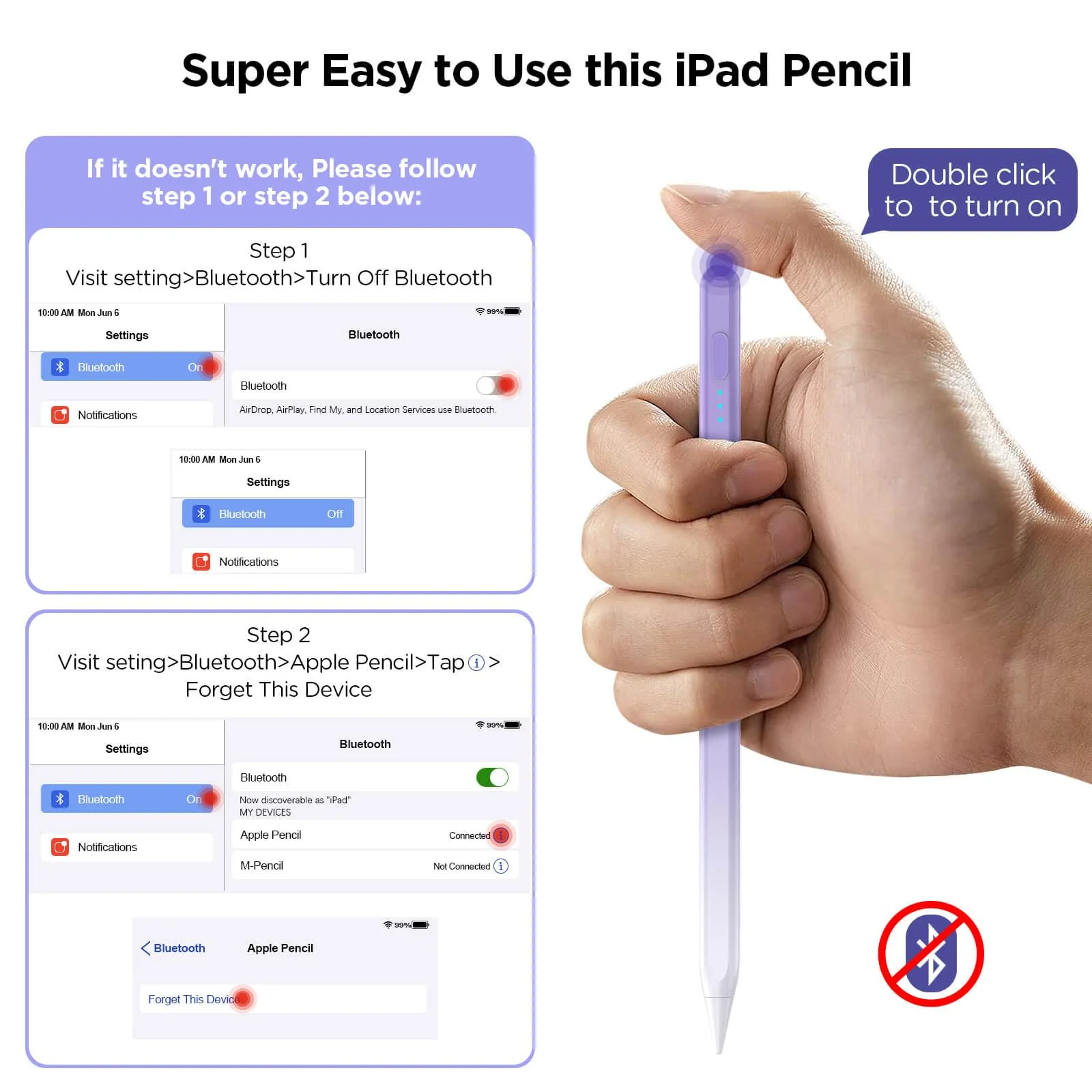 Stylus Pen for iPad 2018-2024, 15Mins Fast Charge for Apple iPad Pencil, Palm Rejection, Tilt Sensitivity, Pen for iPad 10/9/8/7/6, iPad Pro 12.9"/11"/13" M4, iPad Mini 6/5, iPad Air 5/4/3/11"-13" M2 Purple - Image 4