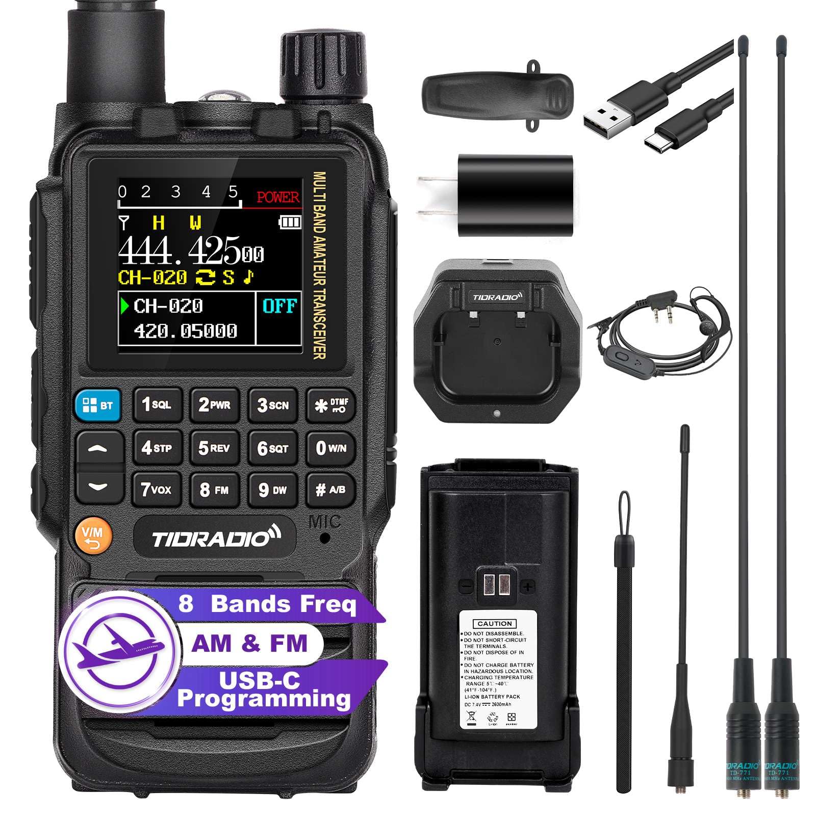 TIDRADIO TD-H3 Ham Radio Multi-Band Two Way Radio with AirBand & TD-771 Long Antenna,USB-C Programming & Charging,2500mAh Battery,One Key Frequency Match,DTMF FM AM NOAA VOX SCAN,Walkie Talkies 1 Pack Full Kits (Black)