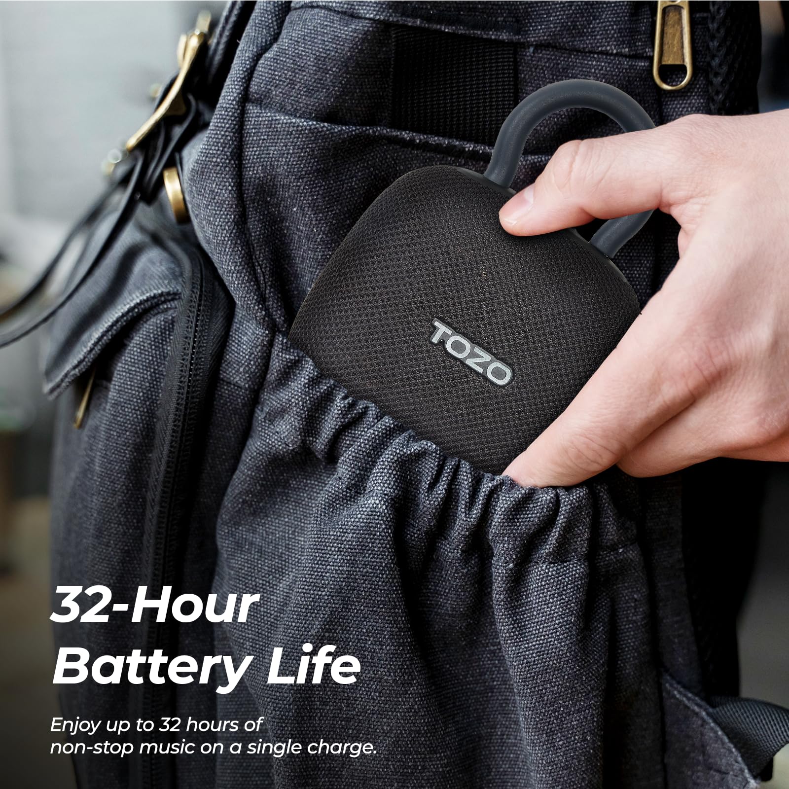 TOZO PE1 Portable Bluetooth Speakers with Adjustable Carabiner, Mini Bluetooth Wireless Shower Speaker with IPX8 Waterproof, 32H Playtime Punchy Bass Audio Speaker for Home, Outdoor and Travel, Black - Image 4