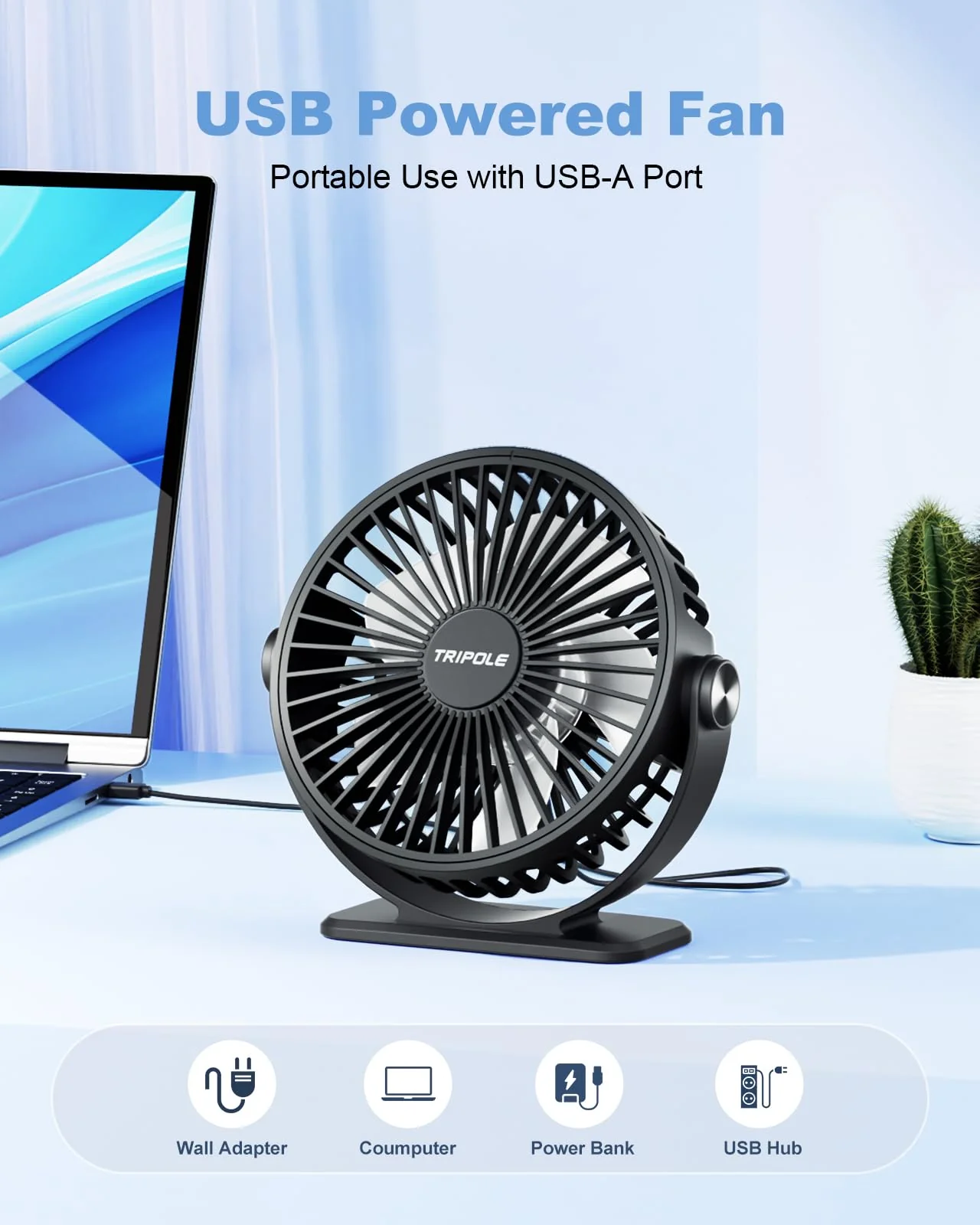 TriPole Desk Fan 2 Pack Black USB Powered Small Portable Fan, 3 Speeds Adjustable Strong Breeze Mini Personal Fan, 360° Rotation Quiet Plug In USB Fan for Desktop Bedroom Office Table Travel, 4.5in Black & Black - Image 4