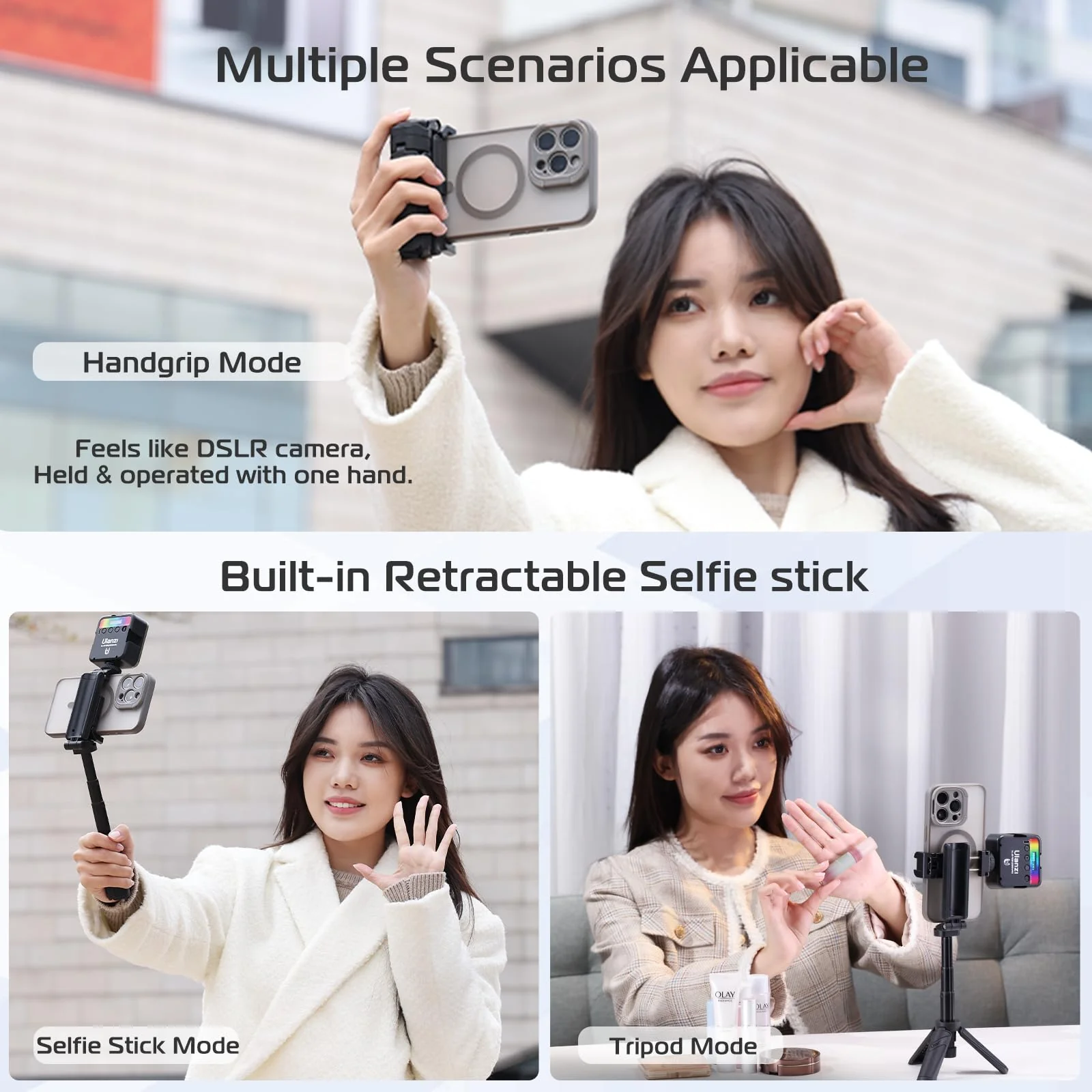 ULANZI JJ02 Selfie Stick Tripod, Extendable Grip Phone Tripod with Detachable Remote Pocket Size, 3-in-1 Mini Phone Grip 2 Cold Shoe, 10m/393.7'' Wireless Shutter, Vlog Livestreaming Photography Matte - Image 2