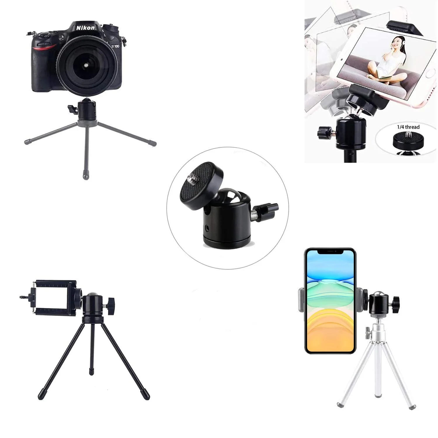Universal 1/4" Swivel Mini Ball Head Screw Tripod Mount with Hot Shoe(2 Pack), Eszkozta 360 Degree Rotating Mount Base Adapter for DSLR Cameras HTC Vive Tripods Monopods Camcorder Light Stand… Black-Black-with Hot Shoe - Image 7