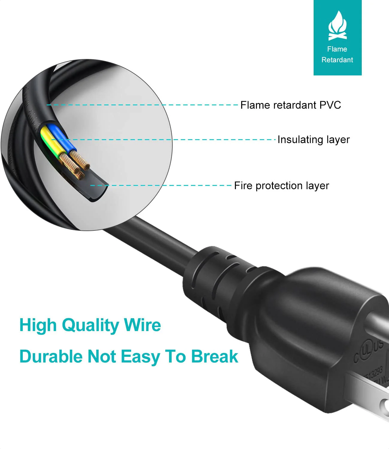 Universal 3-Prong AC Power Cable for Computer, TV, Monitor & More, 6 Feet (1.82 Meters), Black - Image 3
