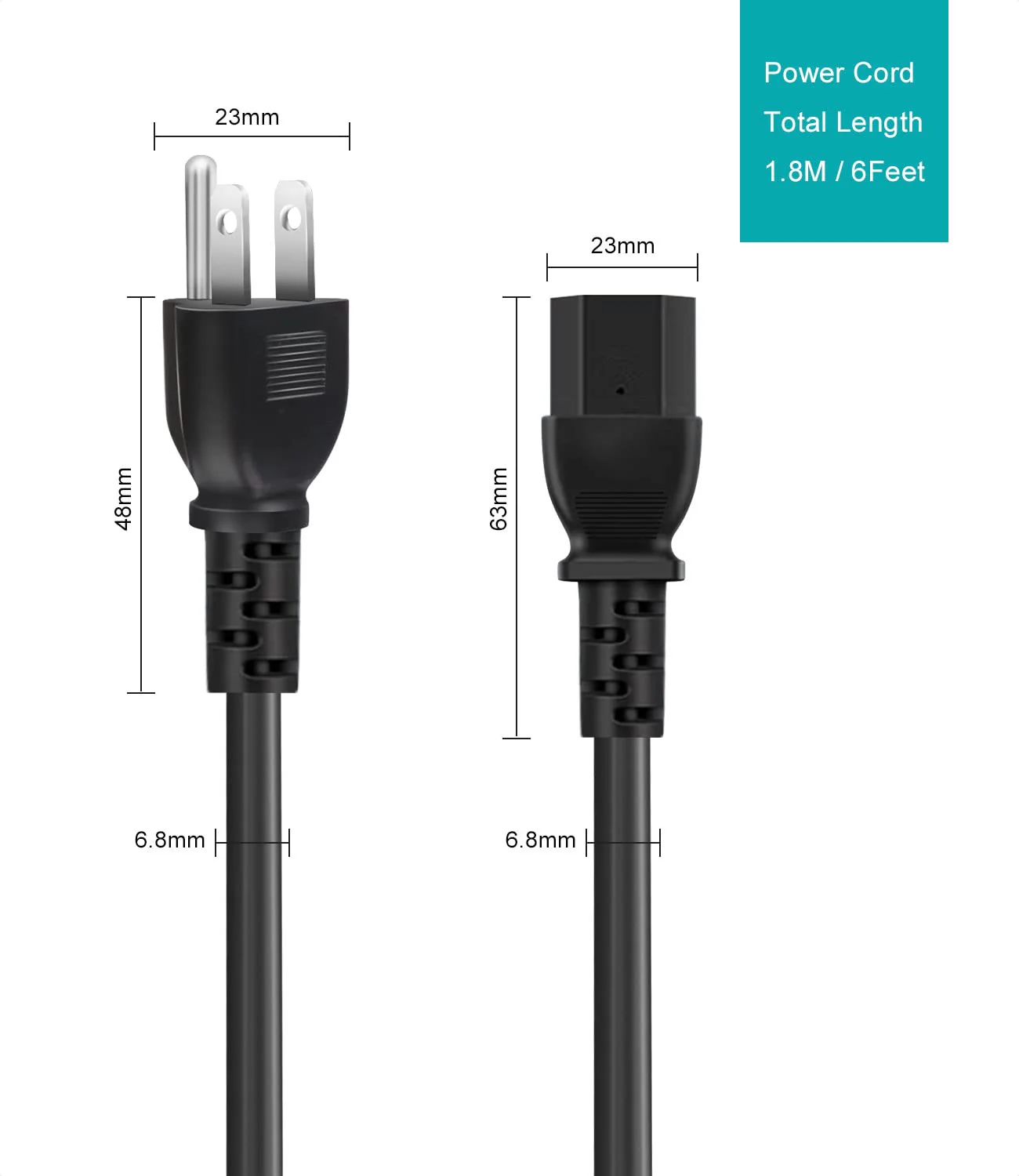 Universal 3-Prong AC Power Cable for Computer, TV, Monitor & More, 6 Feet (1.82 Meters), Black - Image 5