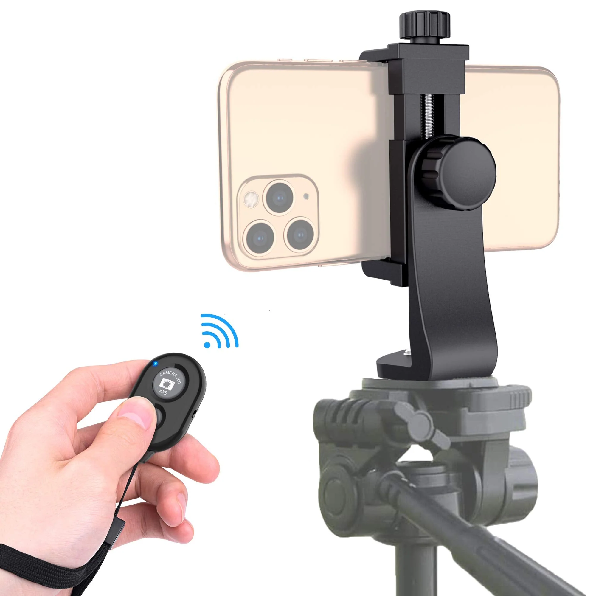 Universal Phone Tripod Mount Adapter with Wireless Camera Remote , Cell Phone Holder with Adjustable Clamp for Selfie Stick Monopod Compatible with iPhone, Samsung and so on , Wrist Strap Included Black