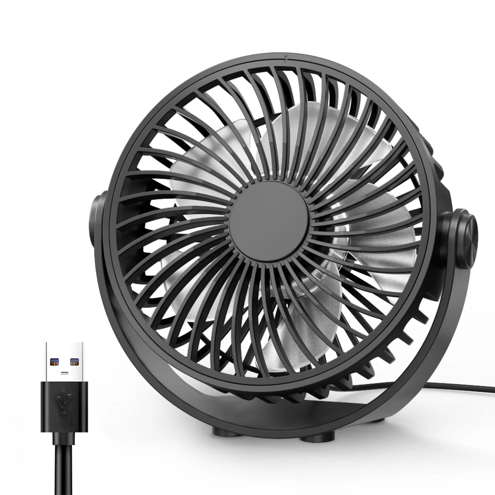 USB Desk Fan, 5 Inch Mini Portable Fan, 3 Speeds Strong Airflow Personal Desktop Fan, Detachable Cooling Fan 360° Rotation Quiet Small Fan for Desk Home Office Travel Car, Black, 5ft Cable