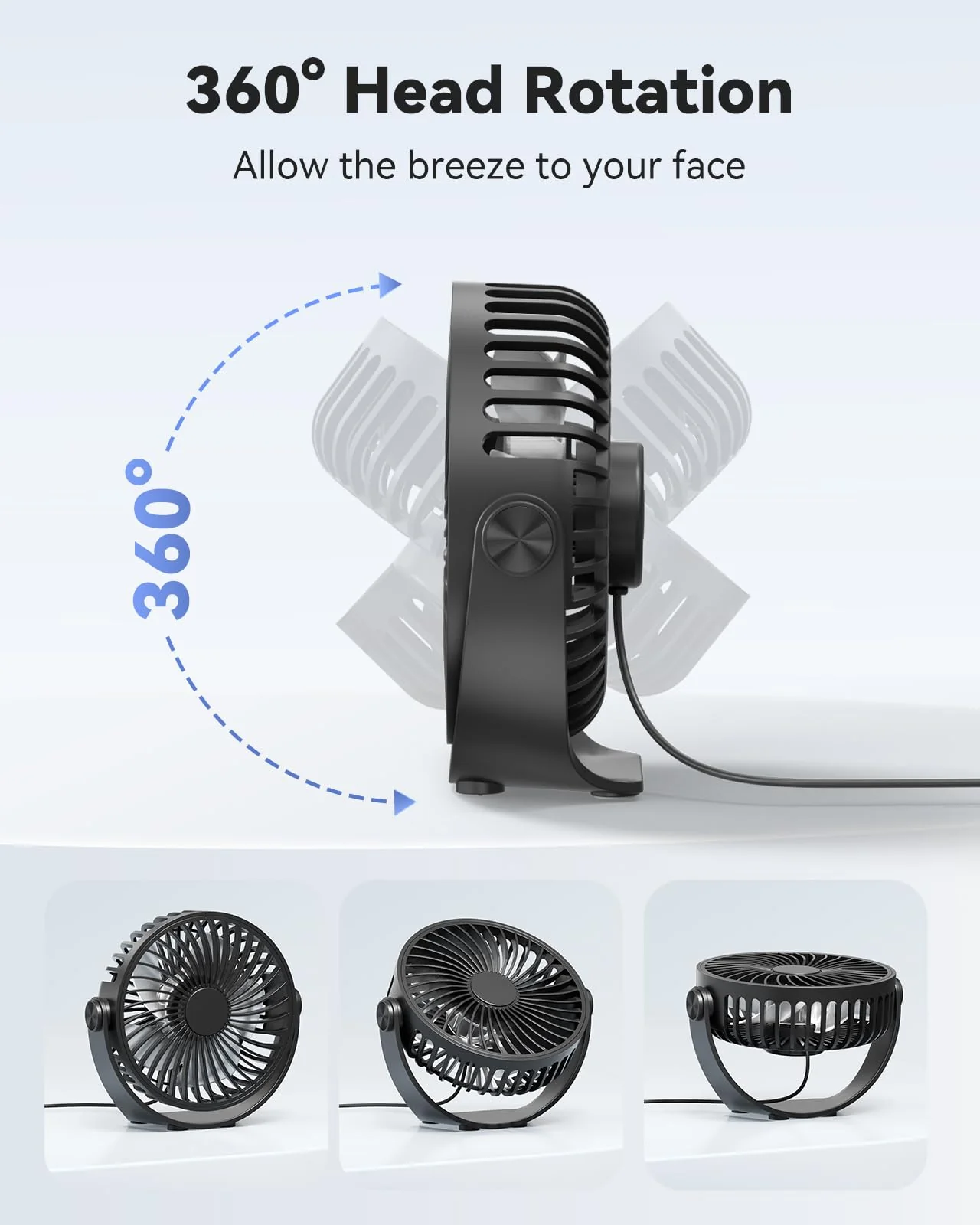 USB Desk Fan, 5 Inch Mini Portable Fan, 3 Speeds Strong Airflow Personal Desktop Fan, Detachable Cooling Fan 360° Rotation Quiet Small Fan for Desk Home Office Travel Car, Black, 5ft Cable - Image 3