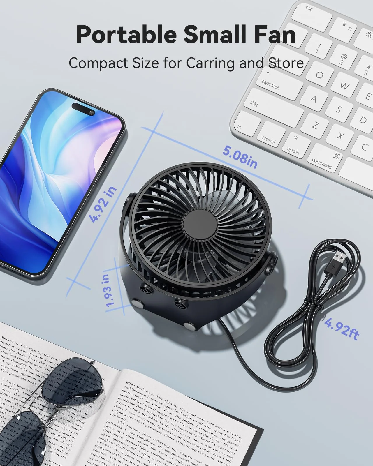 USB Desk Fan, 5 Inch Mini Portable Fan, 3 Speeds Strong Airflow Personal Desktop Fan, Detachable Cooling Fan 360° Rotation Quiet Small Fan for Desk Home Office Travel Car, Black, 5ft Cable - Image 6