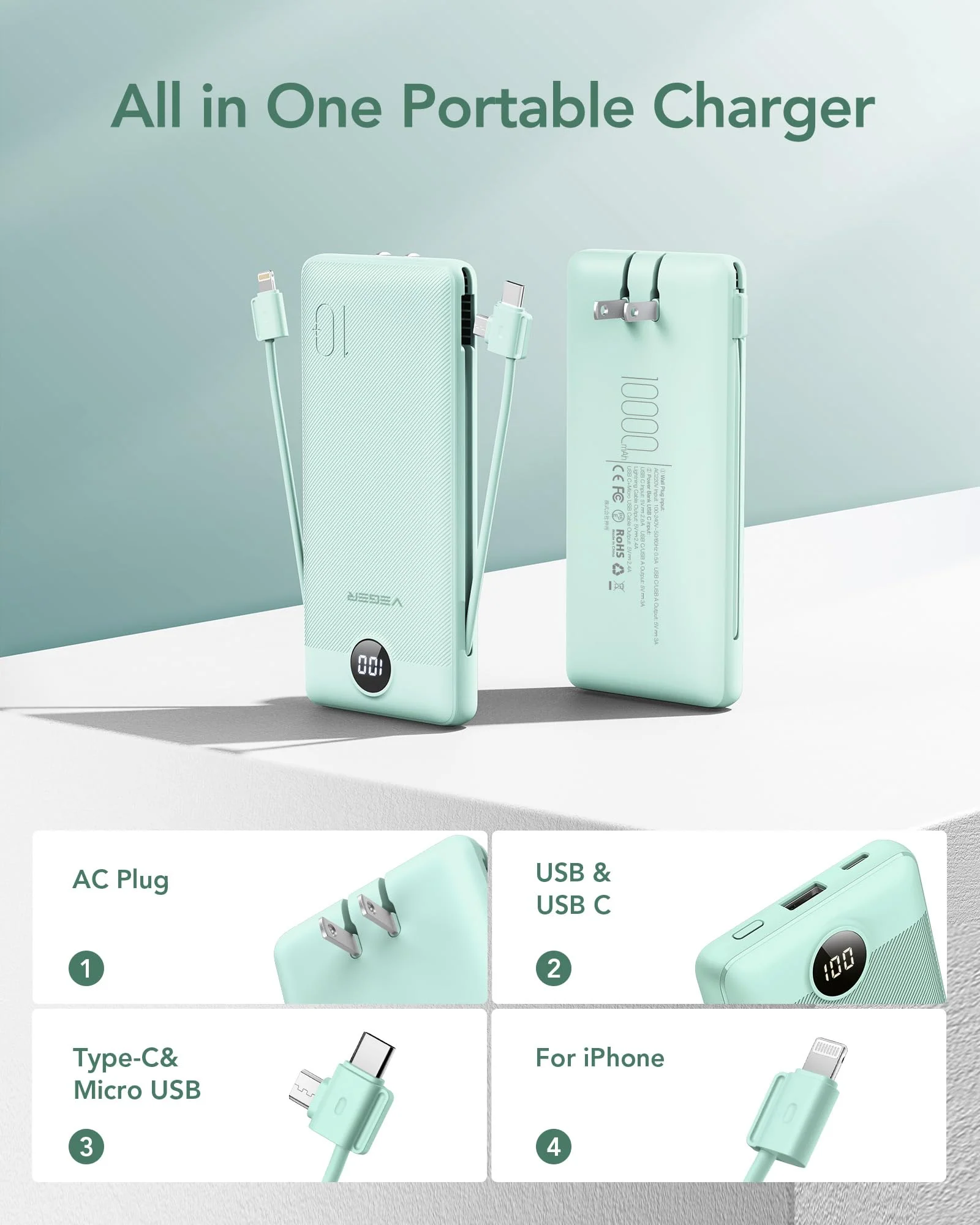 VEGER Portable Charger for iPhone with Built in Cables and Wall Plug, 10000mah Slim Fast Charging USB C Power Bank, Travel Essential Battery Pack Compatible with iPhone, iPad, Samsung etc(Green) Green - Image 2
