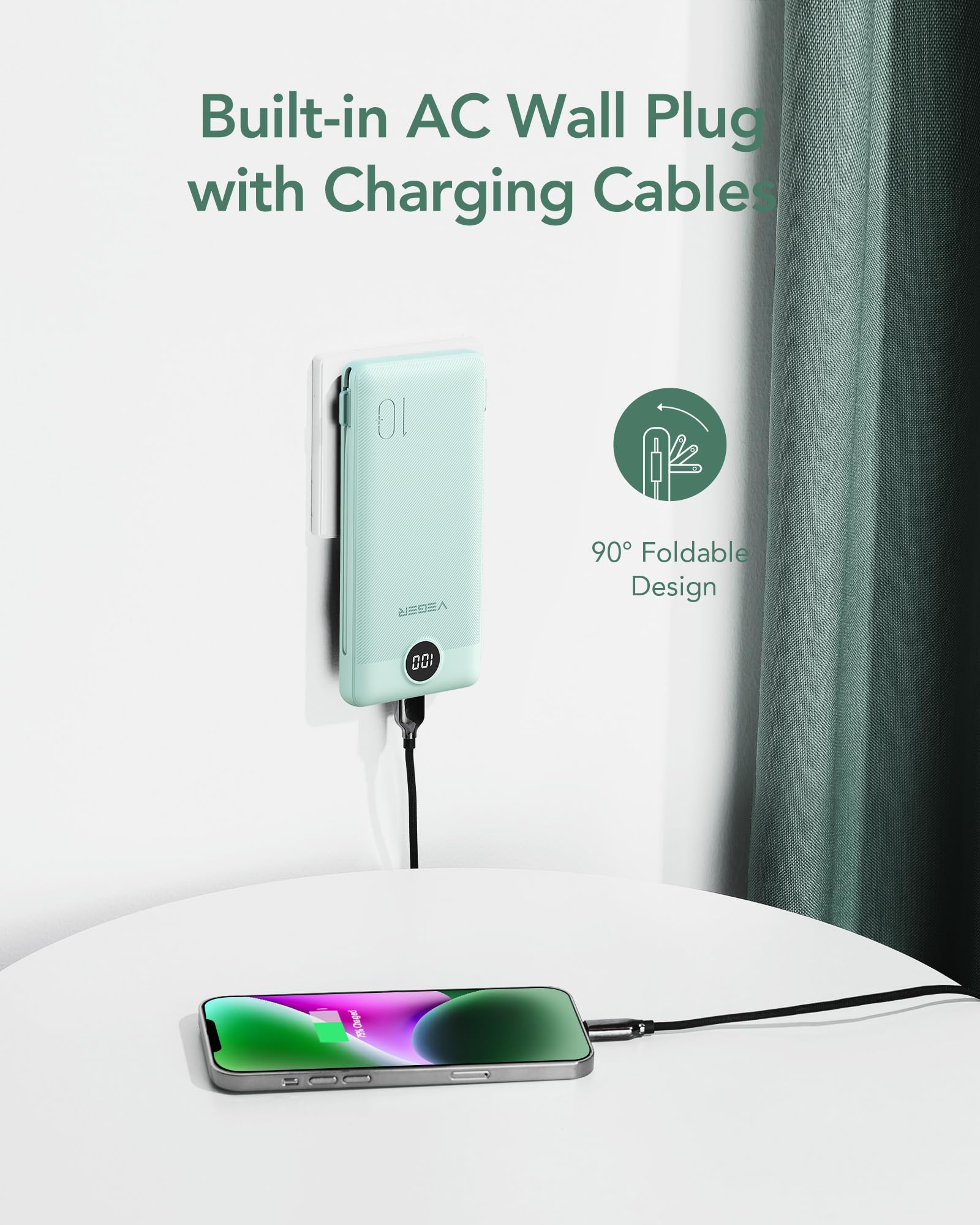 VEGER Portable Charger for iPhone with Built in Cables and Wall Plug, 10000mah Slim Fast Charging USB C Power Bank, Travel Essential Battery Pack Compatible with iPhone, iPad, Samsung etc(Green) Green - Image 3