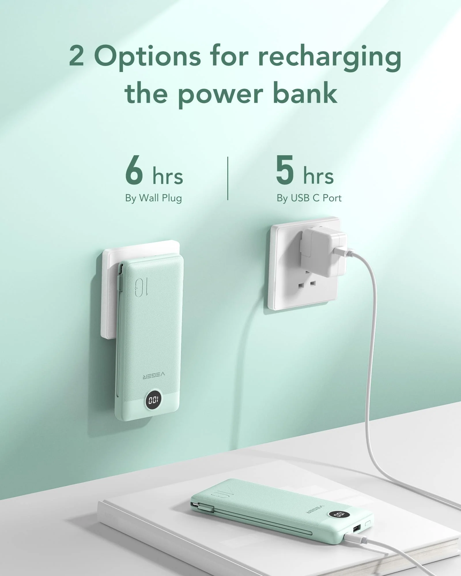 VEGER Portable Charger for iPhone with Built in Cables and Wall Plug, 10000mah Slim Fast Charging USB C Power Bank, Travel Essential Battery Pack Compatible with iPhone, iPad, Samsung etc(Green) Green - Image 5