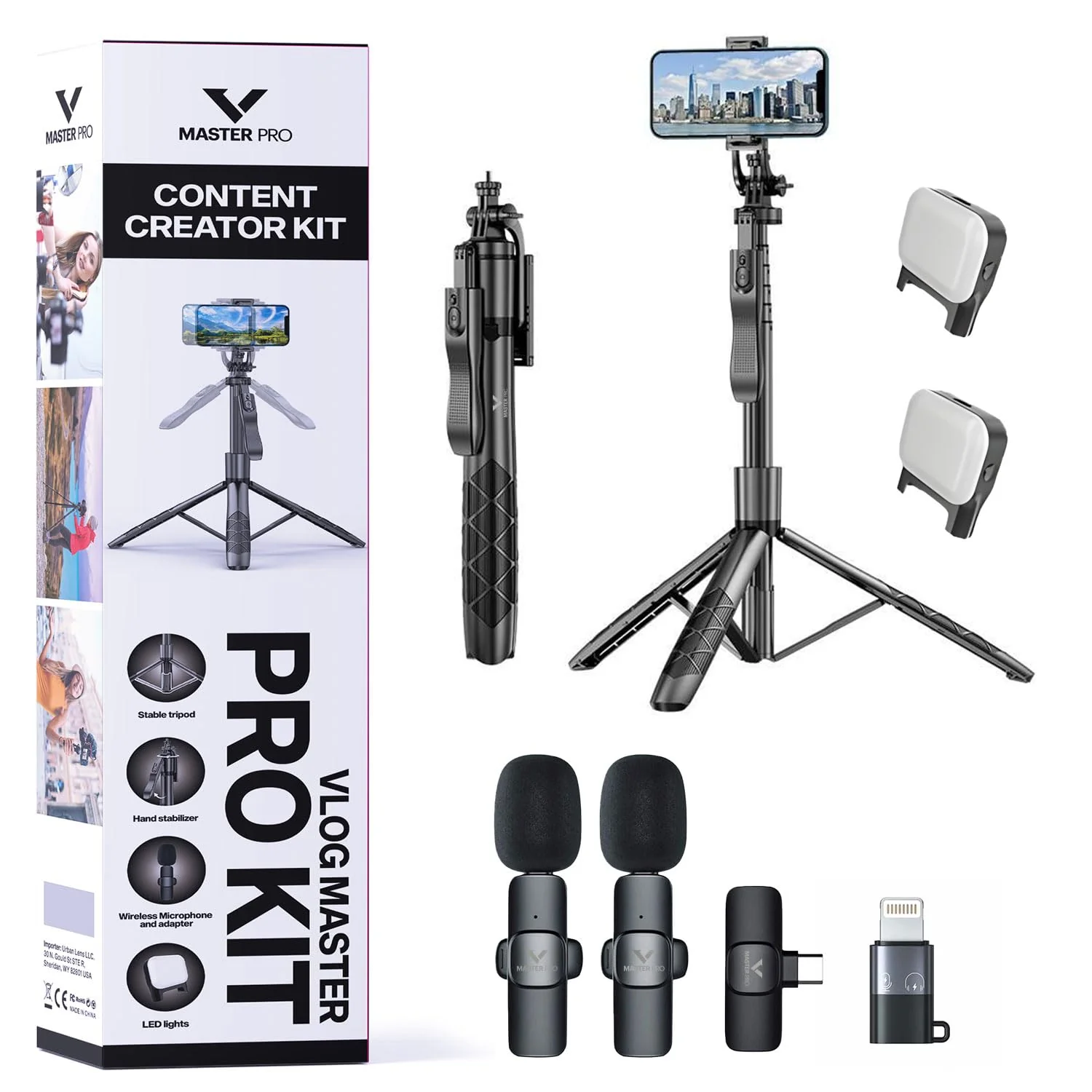 Vlogging Kit for iPhones, Tripod for Phones, Selfie Stick, YouTube TikTok Video Vlogging Stabilizer, Signal-to-Noise Rate ≥64dB, 65-100mm Phone Size, High Capacity Battery with Bluetooth Mic