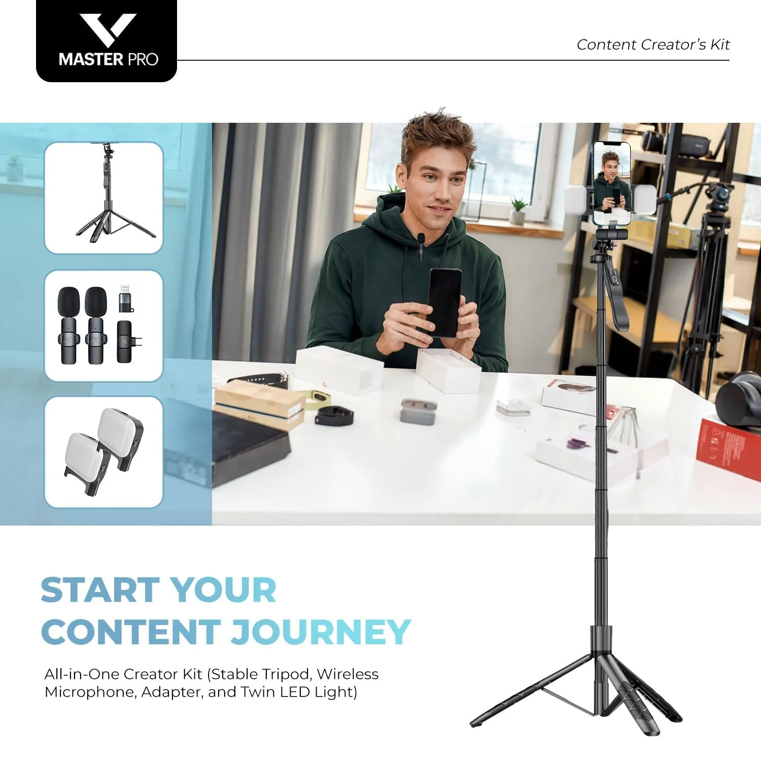 Vlogging Kit for iPhones, Tripod for Phones, Selfie Stick, YouTube TikTok Video Vlogging Stabilizer, Signal-to-Noise Rate ≥64dB, 65-100mm Phone Size, High Capacity Battery with Bluetooth Mic - Image 4