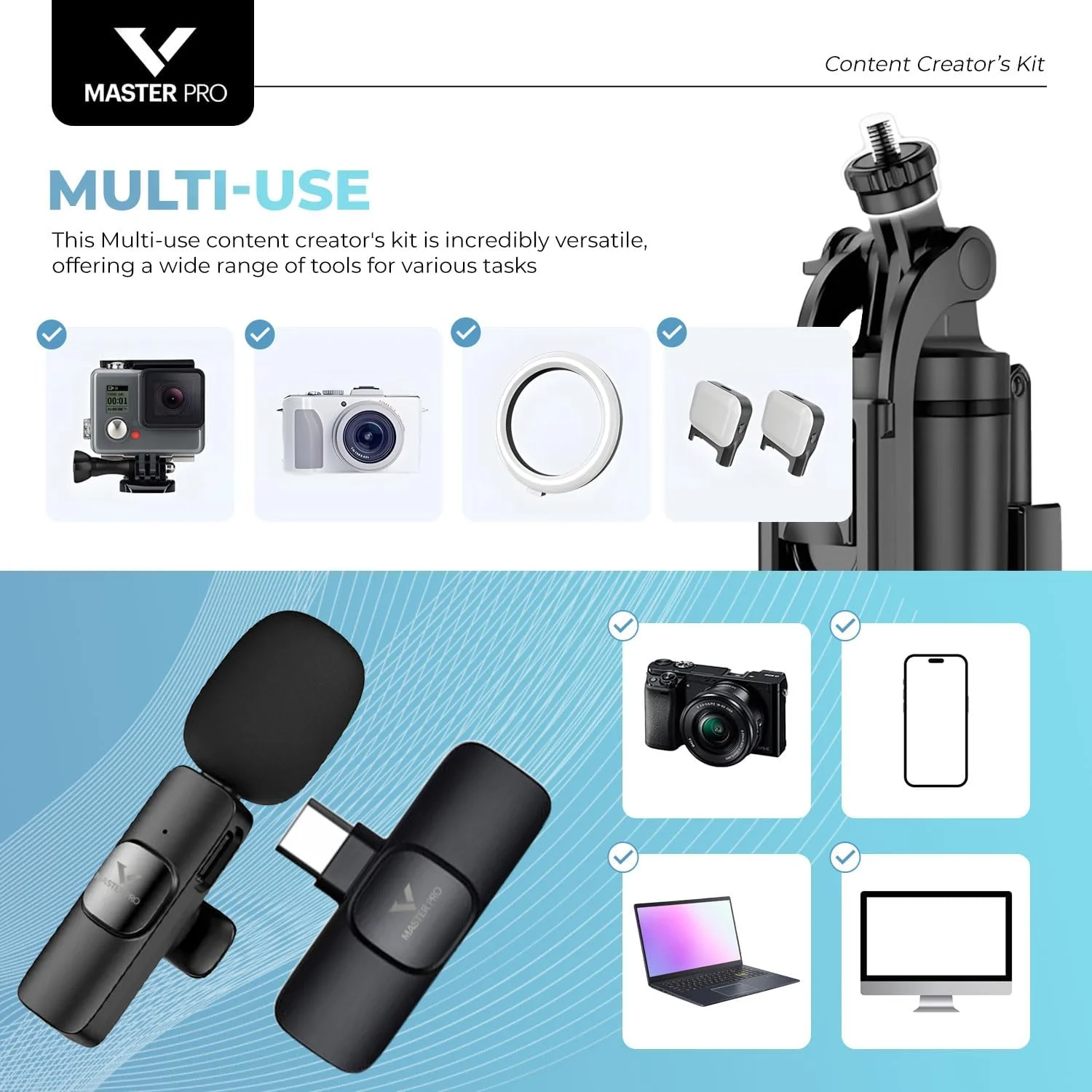 Vlogging Kit for iPhones, Tripod for Phones, Selfie Stick, YouTube TikTok Video Vlogging Stabilizer, Signal-to-Noise Rate ≥64dB, 65-100mm Phone Size, High Capacity Battery with Bluetooth Mic - Image 6