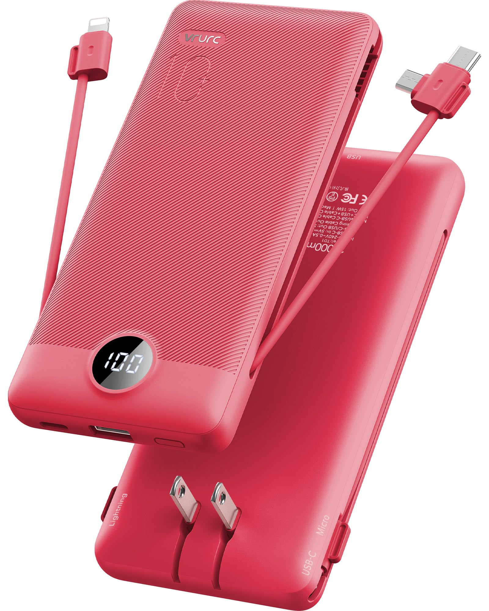 VRURC Portable Charger Built-in Cables and AC Wall Plug, USB C Power Bank 10000mAh, [2023 Upgraded Version] Phone Charger Compact Lightweight External Battery Pack for Smart Phones, Tablets etc-Red Red
