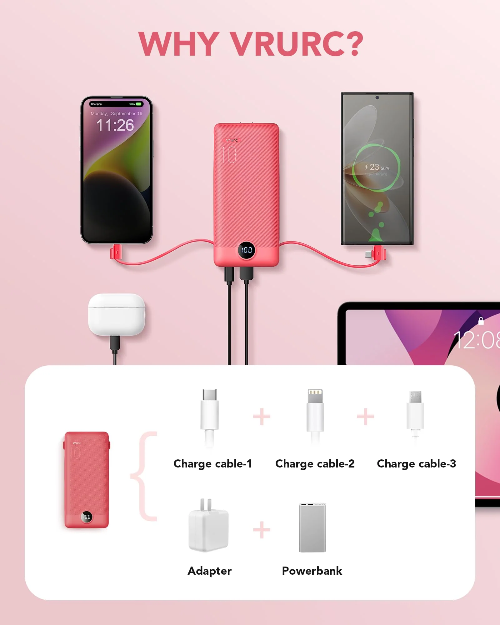 VRURC Portable Charger Built-in Cables and AC Wall Plug, USB C Power Bank 10000mAh, [2023 Upgraded Version] Phone Charger Compact Lightweight External Battery Pack for Smart Phones, Tablets etc-Red Red - Image 4