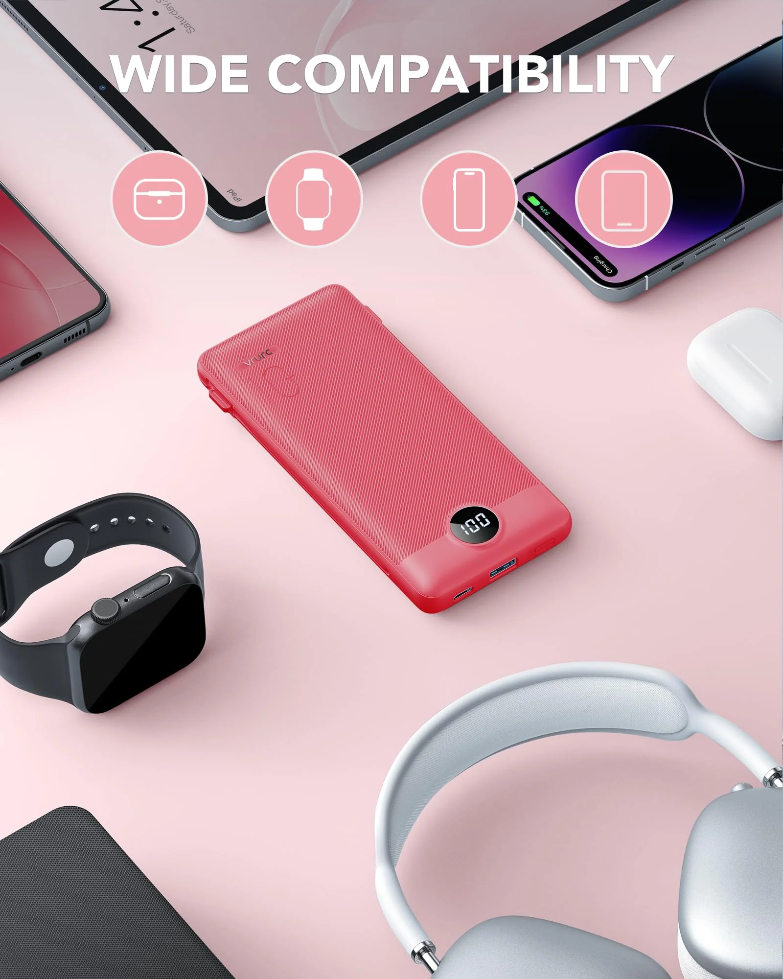 VRURC Portable Charger Built-in Cables and AC Wall Plug, USB C Power Bank 10000mAh, [2023 Upgraded Version] Phone Charger Compact Lightweight External Battery Pack for Smart Phones, Tablets etc-Red Red - Image 7