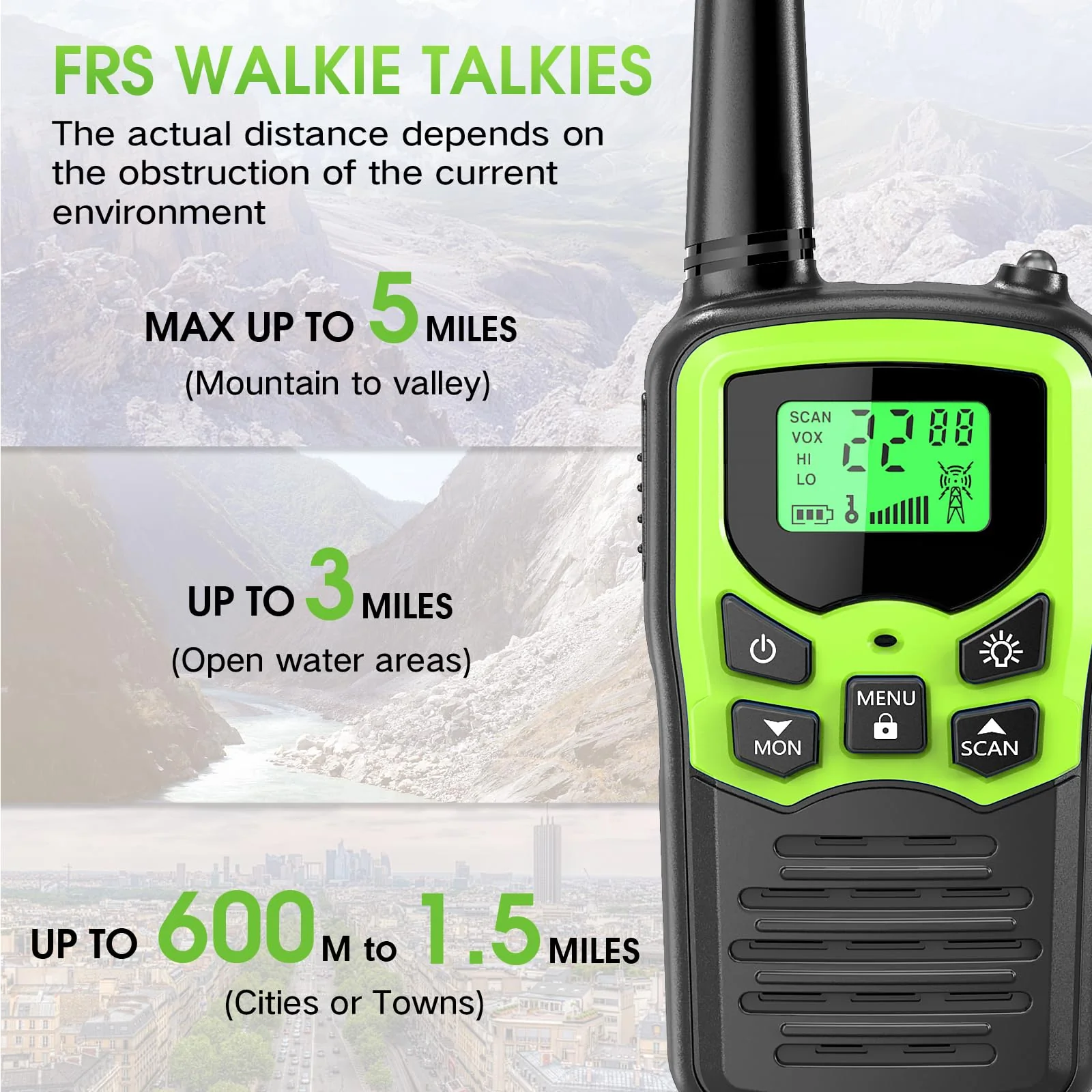 Walkie Talkies with 22 FRS Channels, MOICO Walkie Talkies for Adults with LED Flashlight VOX Scan LCD Display, Long Range Family Walkie Talkie Radios for Hiking Camping Trip (Green) Green - Image 3