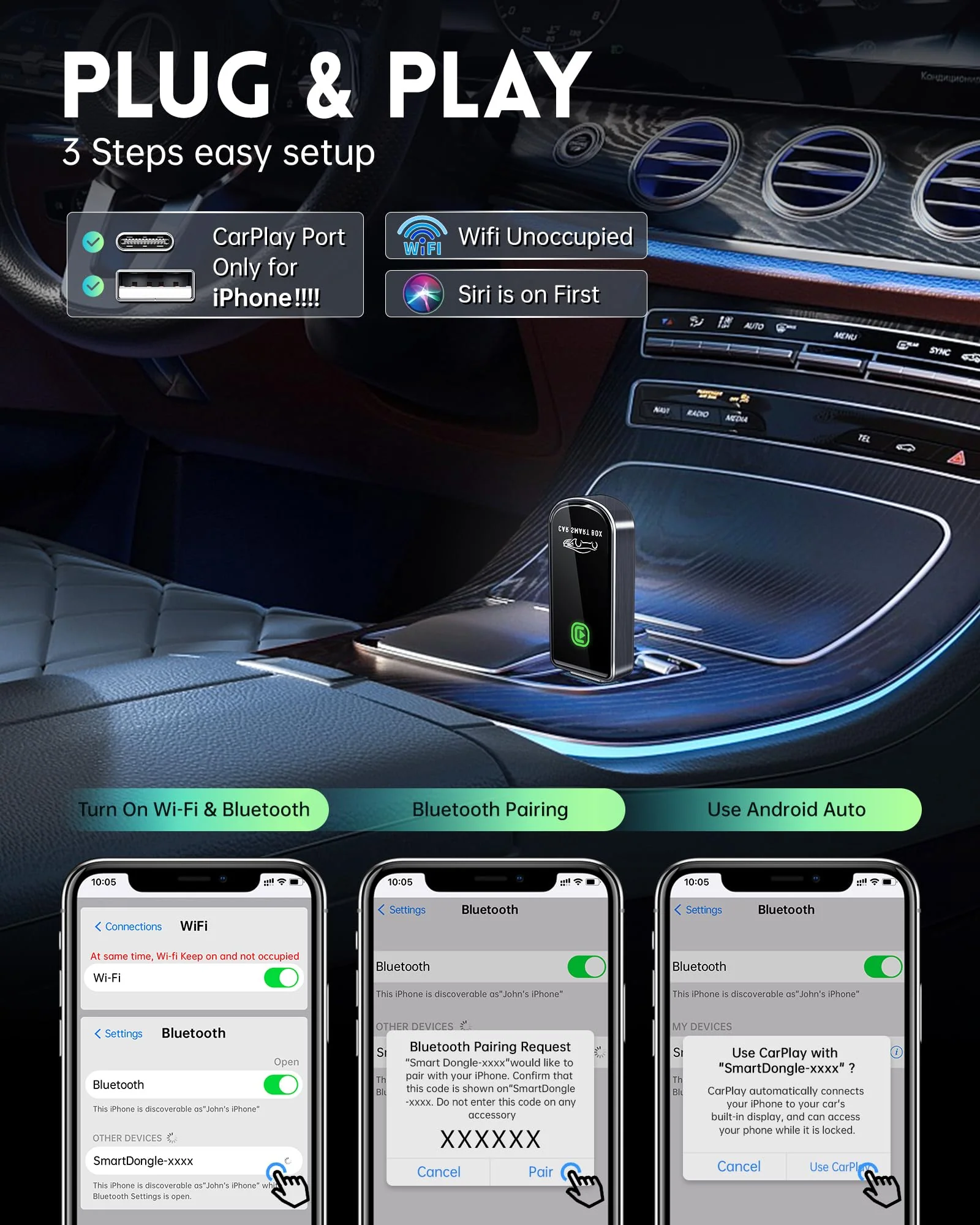 Wireless CarPlay Adapter- Mini Edition, Converts Factory Wired to Wireless CarPlay Dongle Plug & Play CarPlay Wireless Adapter for Apple iPhone iOS 10+ & Cars from 2015+(Brushed Cobalt Blue) Brushed Cobalt Blue - Image 3