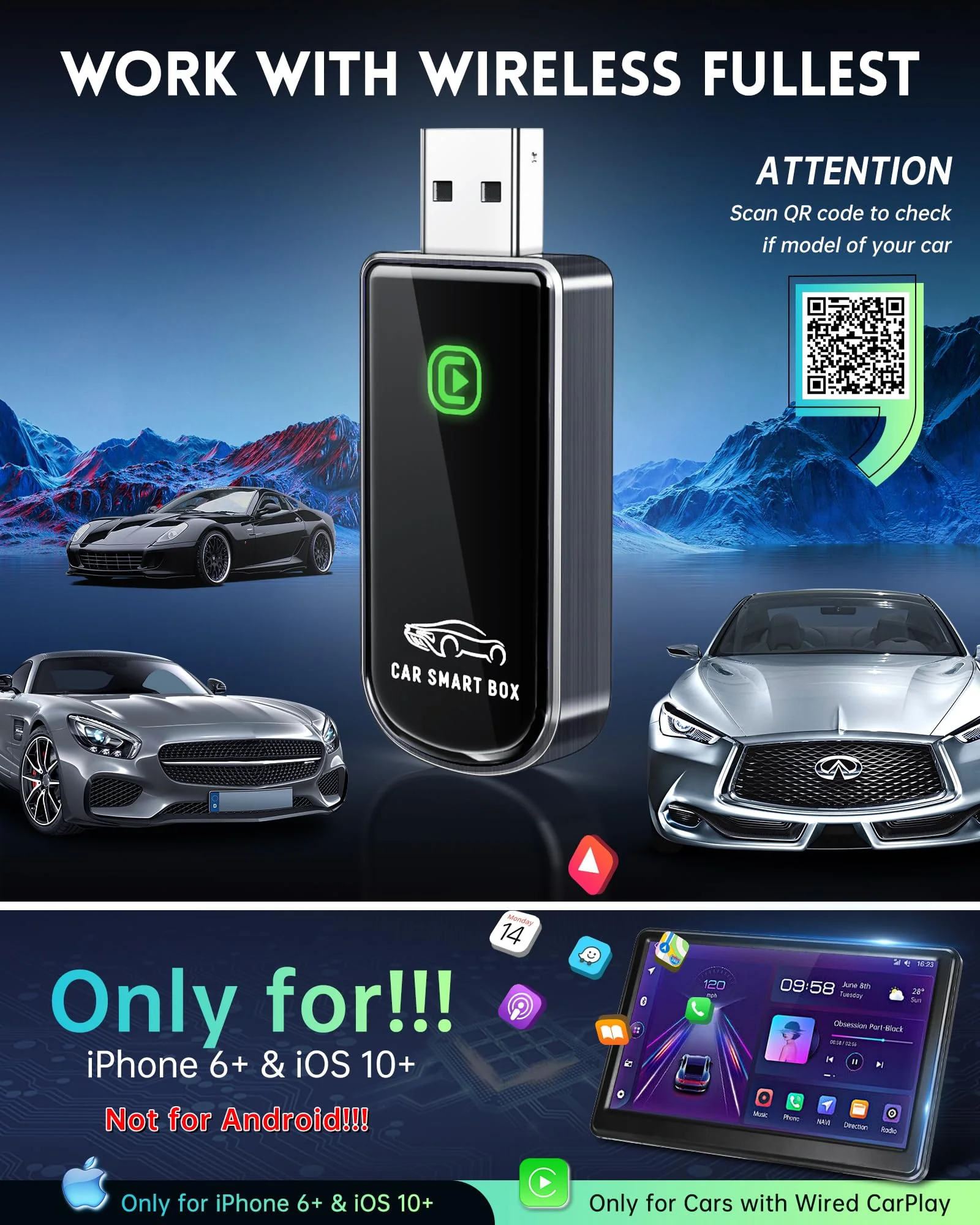 Wireless CarPlay Adapter- Mini Edition, Converts Factory Wired to Wireless CarPlay Dongle Plug & Play CarPlay Wireless Adapter for Apple iPhone iOS 10+ & Cars from 2015+(Brushed Cobalt Blue) Brushed Cobalt Blue - Image 7