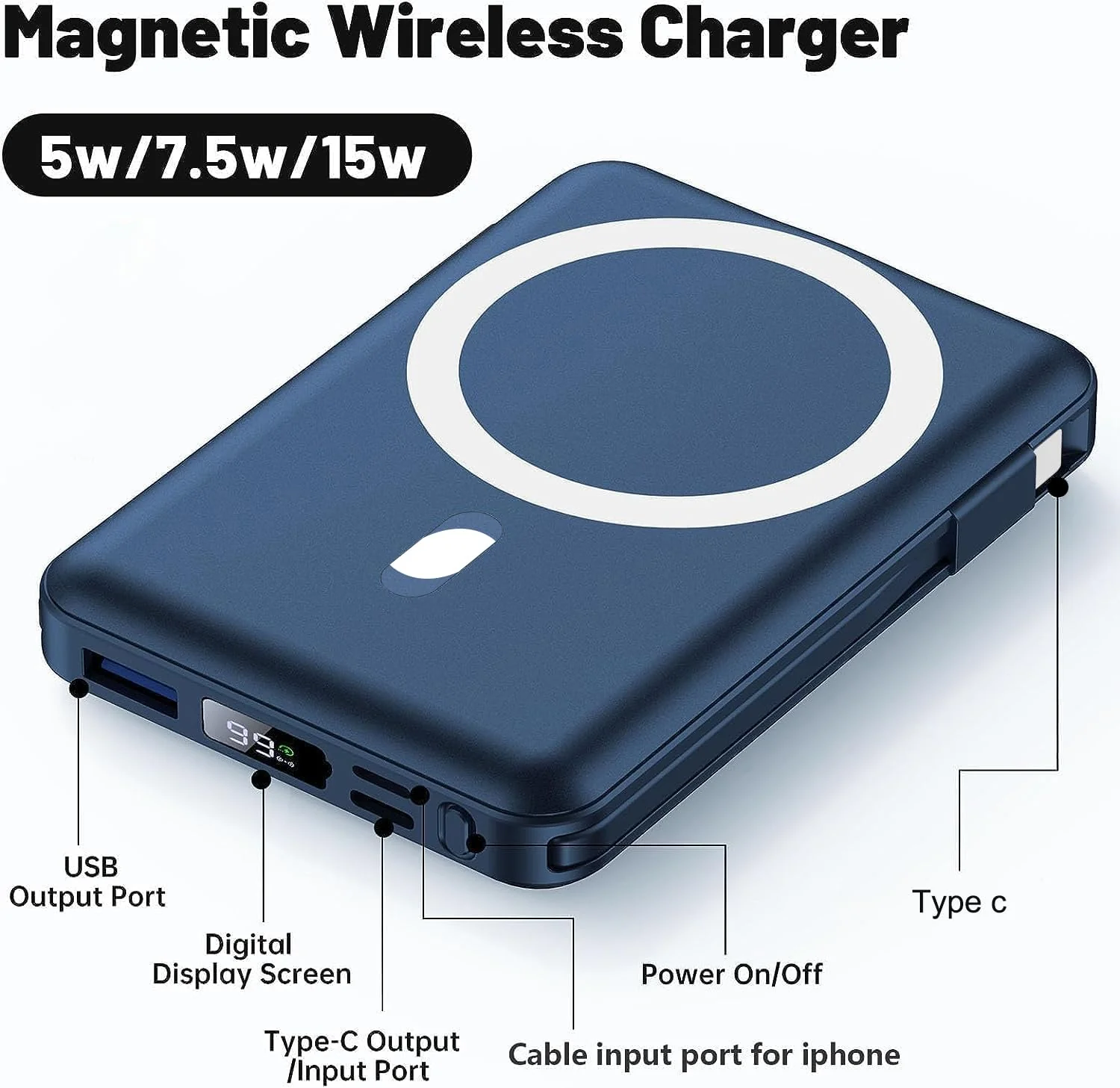 Yiisonger for Magsafe Battery Pack - 10000mAh Portable Charger for Mag-Safe 22.5W PD Fast Charging with Built-in Cables LED Display, Magnetic Power Bank for iPhone 16/15/14/13/12/Pro/Mini/Pro Max Blue - Image 2