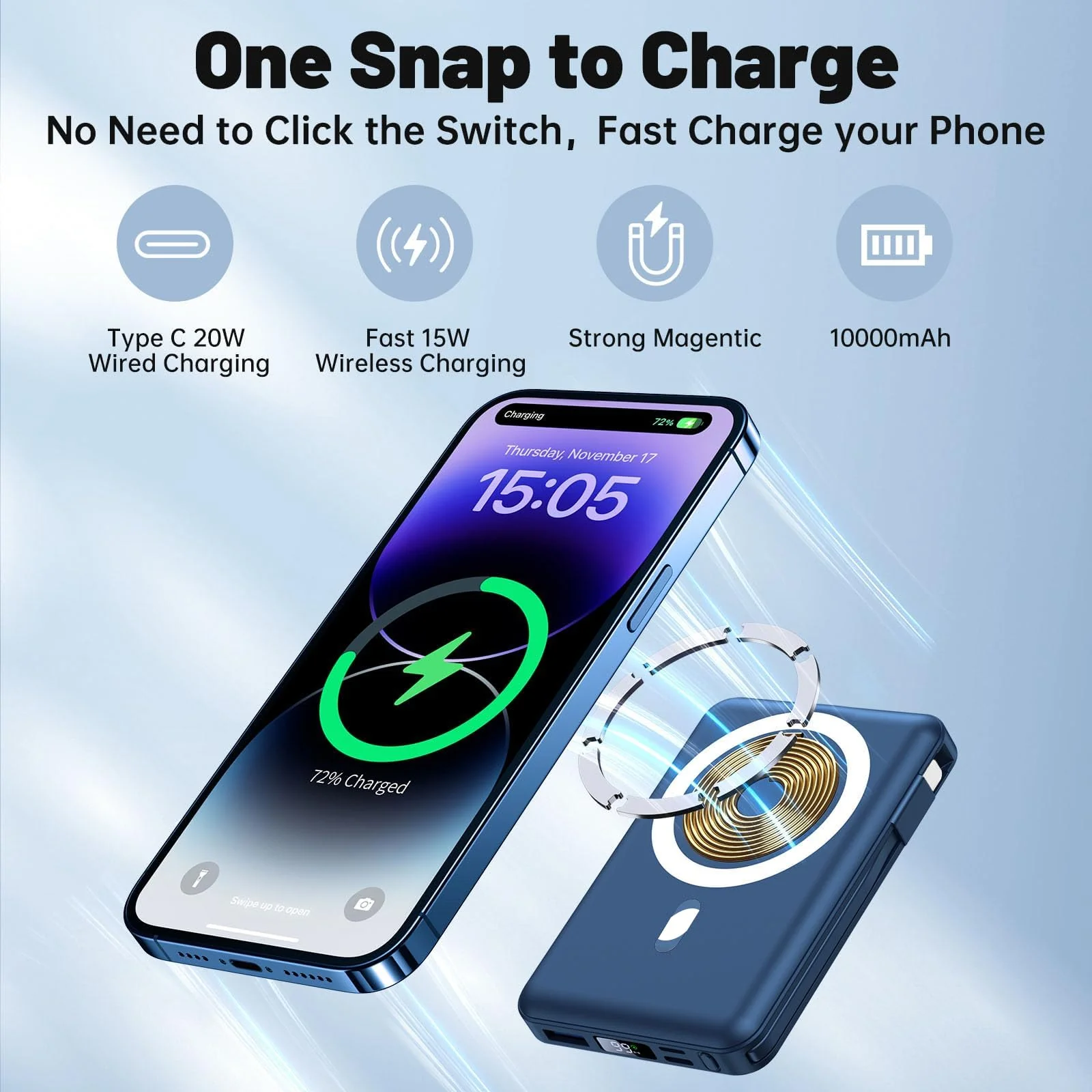 Yiisonger for Magsafe Battery Pack - 10000mAh Portable Charger for Mag-Safe 22.5W PD Fast Charging with Built-in Cables LED Display, Magnetic Power Bank for iPhone 16/15/14/13/12/Pro/Mini/Pro Max Blue - Image 4
